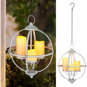 Battery Operated Outdoor Candle Chandelier - White Metal Globe Hanging Pendant Light with 3 Flameless Candles, 12.6" Waterproof Lights for Gazebo, Pergola, Garden, Porch & Backyard