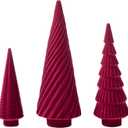 DN DECONATION 3Pcs Flocked Red Velvet Table Top Christmas Tree, Resin Xmas Tree Figurine Decor with Pine, Swirl & Wave Designs, Tree Statues Set for Christmas Indoor Decorations, Mantel, Entryway