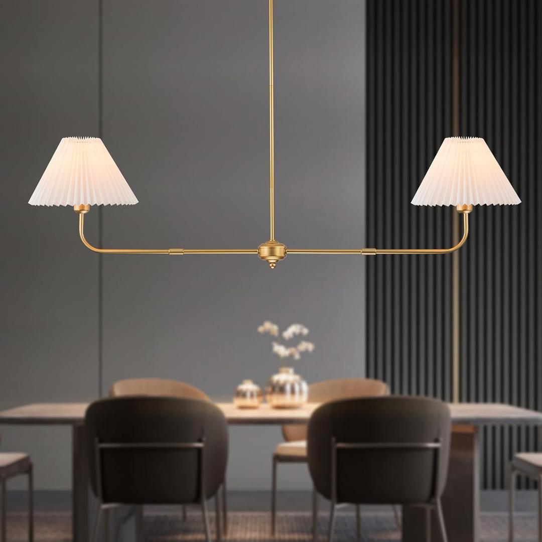 Gold Linear Chandelier, 2-Light Modern Chandelier for Dining Room Light Fixture, Kitchen Island Lighting with White Fabric Shade Linear Pendant Lights for Restaurant, Living Room, Bedroom