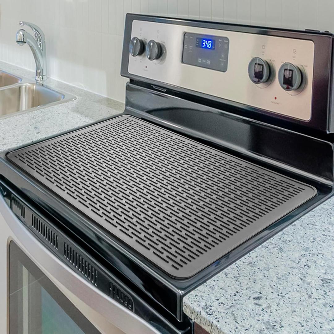 Silicone Stove Top Protector, 28 x 20 Electric Stove Top Cover, Heat Resistant Glass Cooktop Protector, Flat RV Stove Top Cover, Extra Countertop Space, XL Dish Drying Mats for Kitchen, Gray