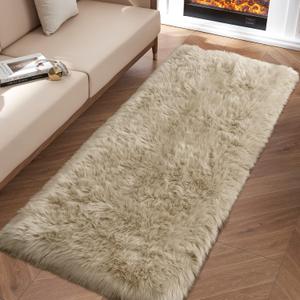 Beige Fluffy Rug for Bedroom, 2'X6' Faux Fur Rug for Runner, Soft Shag Rug for Sofa Couch Cushion, Cozy Shaggy Fuzzy Plush Floor Carpet for Nursery, Cute Bedside Dorm Home Decor Rectangle