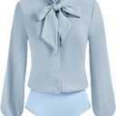 Kate Kasin Women Bow Tie Neck Office Blouse Button Down Long Sleeve Bodysuits Blouse Top (Small, Gray Blue)