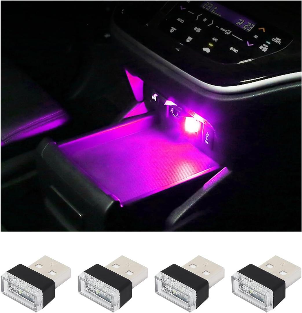 Augeny 4 PCS USB LED Car Interior Atmosphere Lamp, Plug-in USB Decor Night Light, Portable Auto Ambient Lighting Kit, Universal Vehicle Interior Accessories for Most Cars (Purple)
