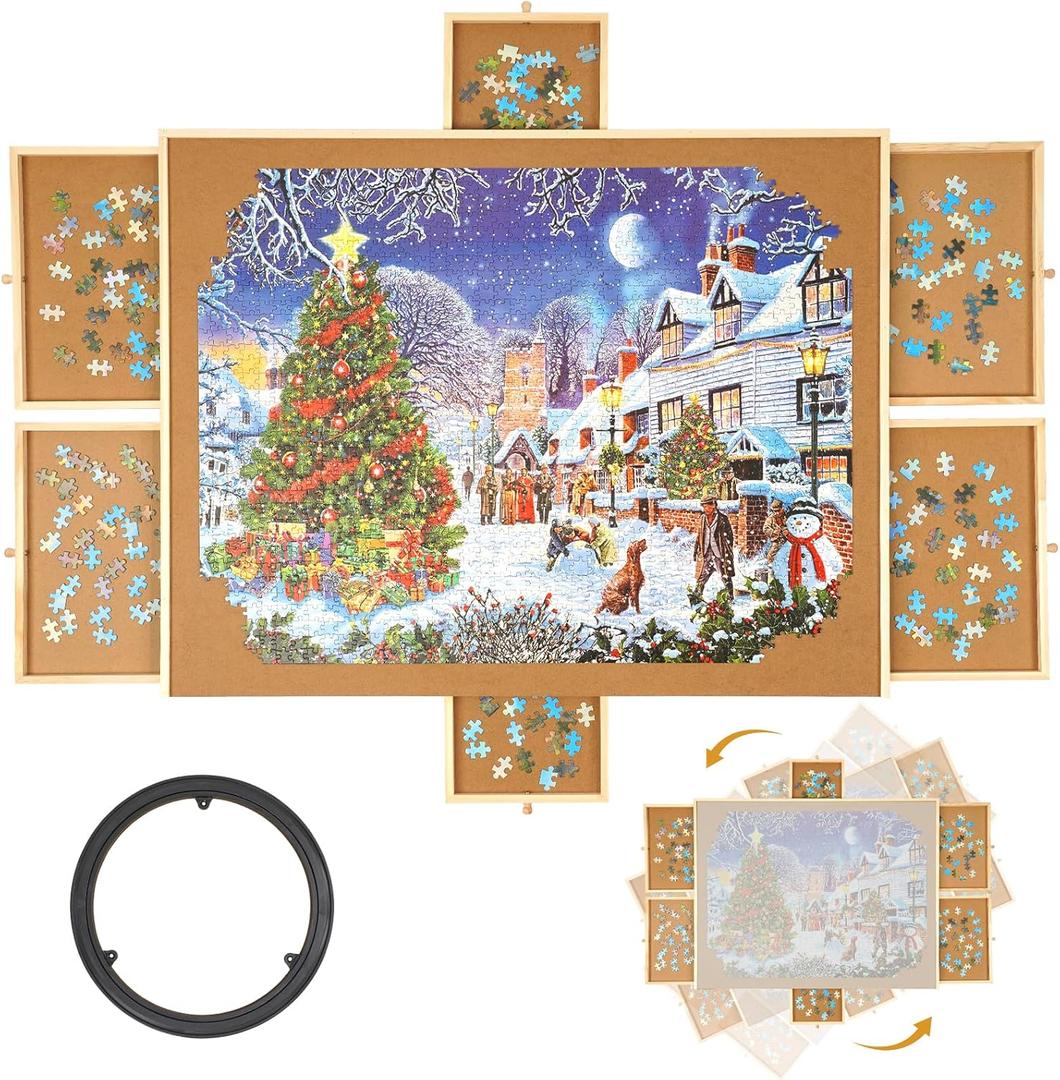 1500 Piece Rotating Wooden Puzzle Table - 6 Drawers, 27x 35 inch Puzzle Board with Lid, Portable Puzzle Table, PP-00