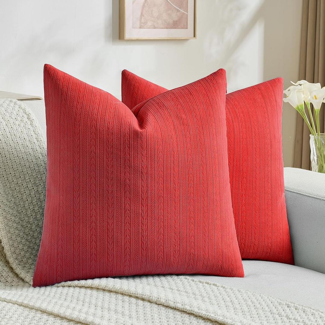 FUTEI Pack of 2 Solid Chenille Throw Pillow Covers 18x18 Inch Soft Cozy Wheat Ear Striped Textured Decorative Cushion Cases Modern Farmhouse Accent for Couch Bed Living Room, Red
