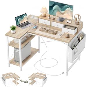 TIQLAB 40 Inch L Shaped Computer Desk with 3 Drawers & Power Outlets, Small Corner Desk with Reversible Shelves, Vanity Kids Writing PC Desk for Bedroom Home Office, Study Table for Girls, Maple