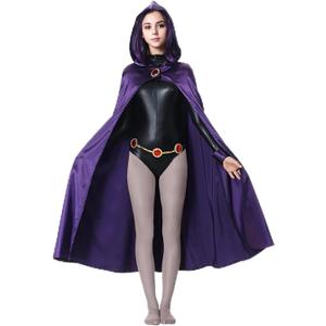 Alaiyaky Raven Costume Women Superhero Raven Teenager Titans Raven Cape Jumpsuit Purple Hood Cloak Halloween Cosplay (Large, Black)