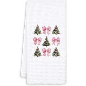 2 x Pink Bow Christmas Tree Hand Towel 16x24 Inches  Elegant Holiday Decor Towel for Bathroom, Kitchen or Guest Room