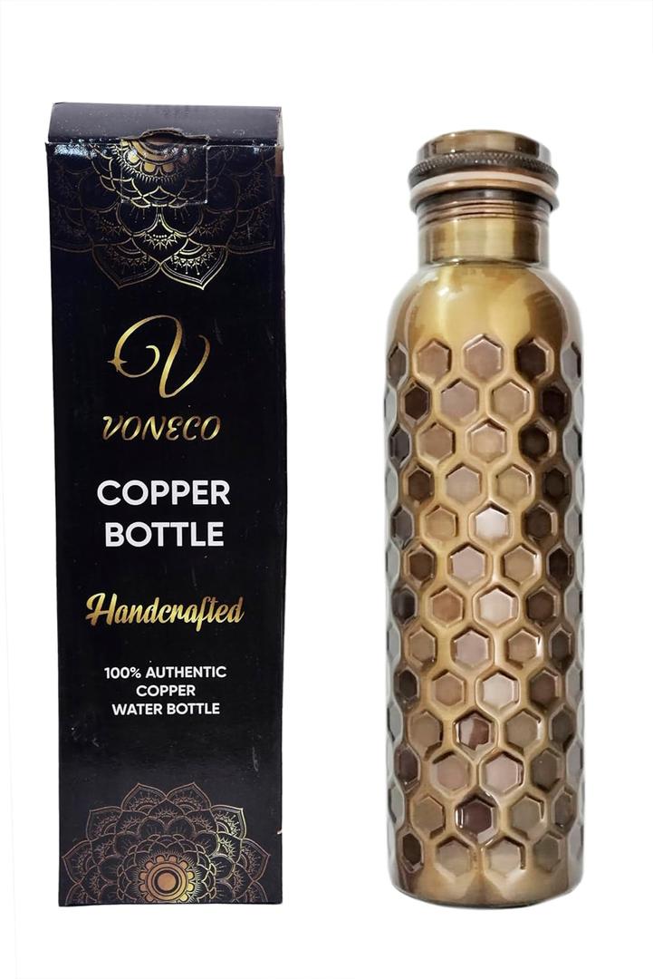 Pure Copper Water Bottle 34oz  Leakproof Jointless Ayurvedic Copper Flask, Handmade Black Honeycomb Hammered Design, Reusable Metal Bottle for Gym, Office, Home