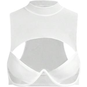 SweatyRocks Women's Cut Out Sheer Mesh Crop Top Mock Neck Sleeveless Y2k Party Rave Tops (White) S