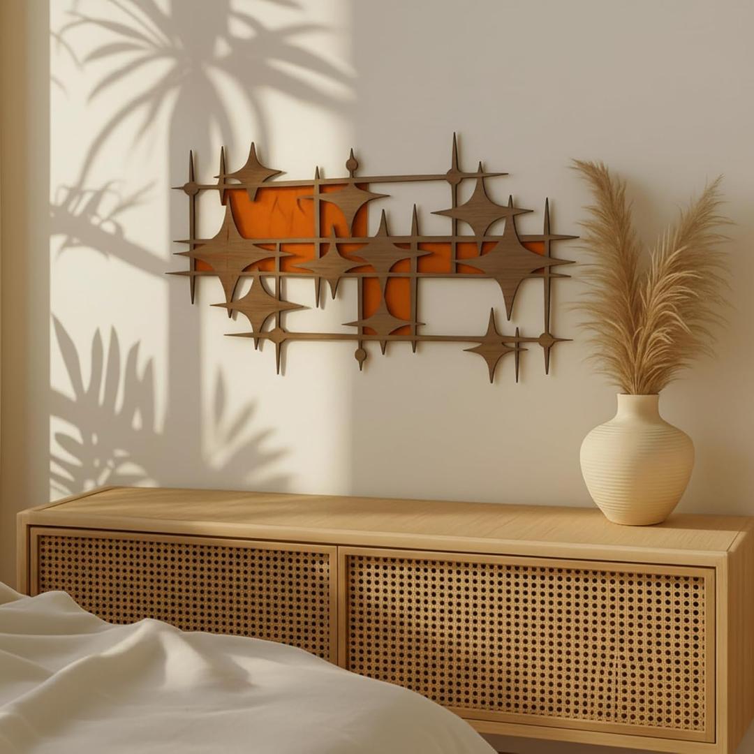 BrightRow Wooden Mid Century Modern Large Starbursts Wall Decor, Retro Starburst Panels Sculpture, 14.96 X 8.82 inch, Abstract Wall Decor Accents for Home Office Living Room, 16.9"L x 8.9"W