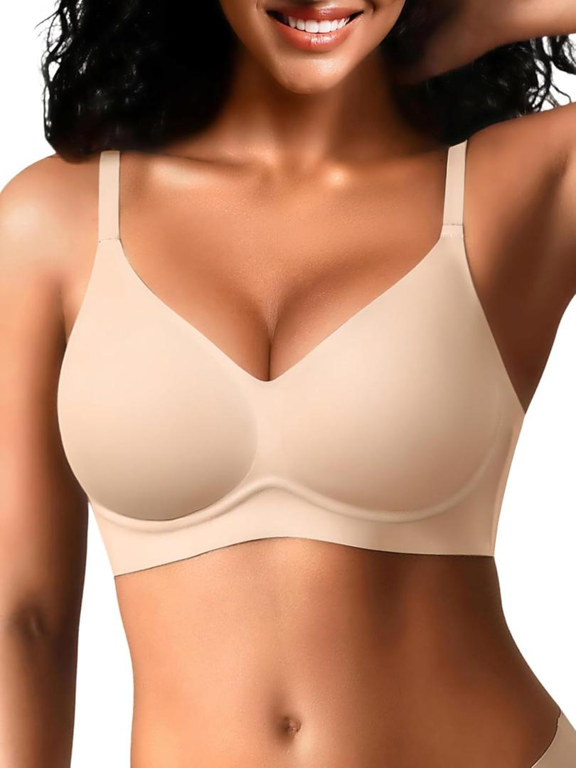Seamless Wireless Jelly Bras for Women - Lightly Padded Bra with Support, No Underwire Comfortable T-Shirt Bralette (Beige, XL)