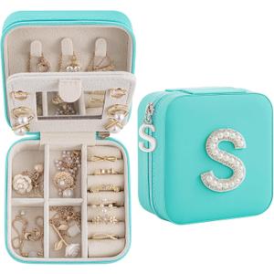 Birthday Gifts For Women, Initial Jewelry Box, Travel Jewelry Case, Gifts for Wife Girlfriend, Small Travel Jewelry Organizer, Gift for Girls, Graduation Gifts for Her, Bridesmaid Gifts (Blue)