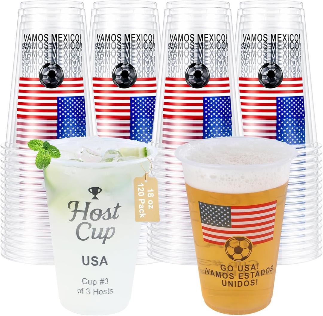 18 oz Host Cup Celebrating World Soccer Tournament Host USA, 120-Count Disposable Plastic Party Cups, Flag Themed for Restaurant Catering Concession & Fan Event Decorations, COME ON USA 2026