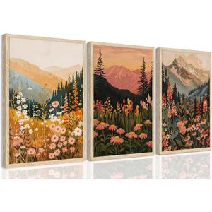 YUFEIART 3 Piece Boho Mountain Landscape Framed Wall Art Set of 3 16x20
Oak Wood Framed Wall Decor, Colorful Wildflower Mountain Prints, Boho Landscape Art for Living Room Bedroom or Office