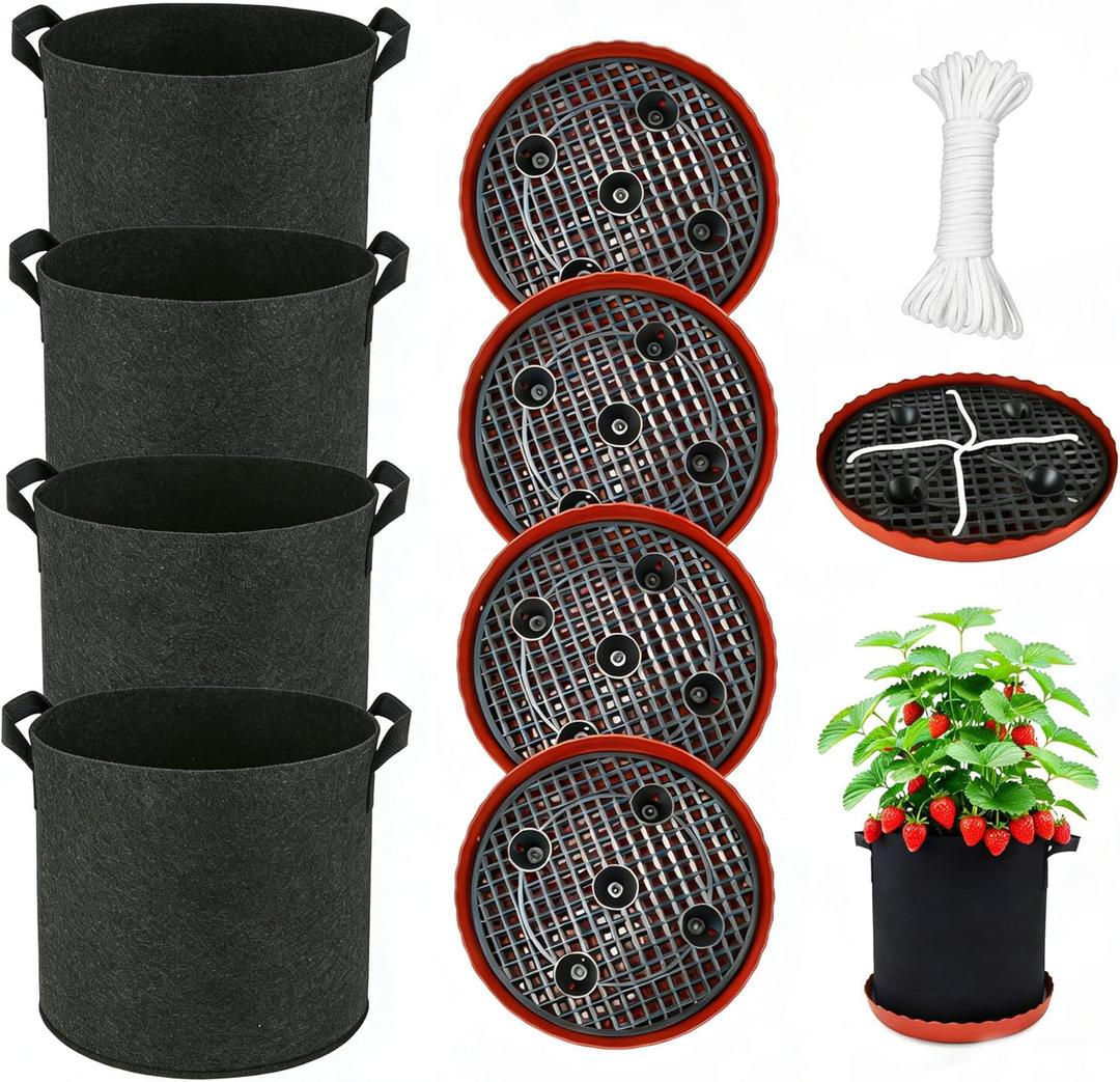 4 Pack Grow Bags 5 Gallon for Growing Strawberry Tomato Self Watering Planter Fabric Plant Grow Bag Come with Plastic Plant Saucer 300G Thickened Garden Pots to Grow Vegetables, Fruit, Flower