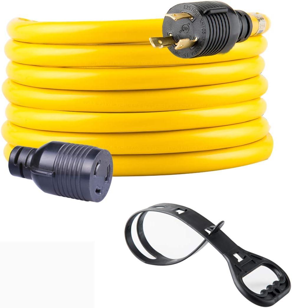 75FT Heavy Duty 3 Prong Generator Locking Power Cord NEMA L5-30P/L5-30R,10 Gauge SJTW Cable, 125V 30Amp Yellow Generator Lock Extension Cord with UL Listed