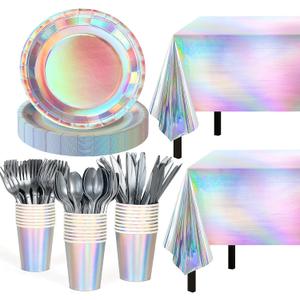 Iridescent Party Supplies Decorations,132 Pcs Disposable Iridescent Paper Party Plates Cups Knives Spoons Fork for Birthday Wedding Outdoor Picnic,Disposable Plastic Tablecloths for Dinner,Holiday