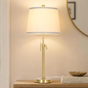 Modern Gold table Lamp 22" to 30"Adjustable Height 3 Brightness Way Brass Nightstand with White Linen Shade Pull Chain Pole Lights for Living Room Guest Bedroom End Table Office(Bulb Included, Single)