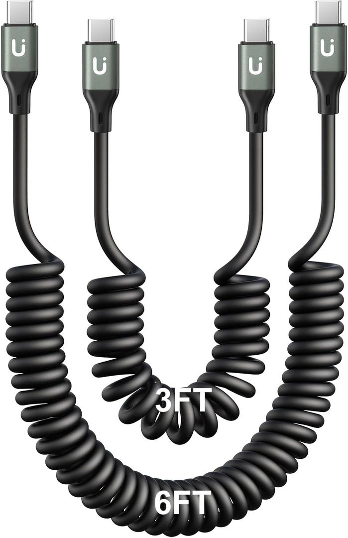 USB C to USB C Cable for Car 3FT/6FT, Coiled USB C Fast Charging Cable, 2Pack Short USB-C Cables Compatible with iPhone 16/15/Samsung Galaxy S20 S10 S9 S8 Plus Note 10 9 8 and More USB C Devices