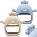 2 Packs Baby Teething Toy for 0-6 6-12 Months, Food Grade Silicone Teething Mitten, Anti Dropping Wrist Hand Teethers Baby Chew Toys for Sucking Needs, BPA Free (Blue & Caramel)