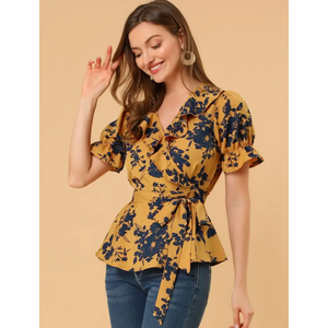 Allegra K Women's Wrap Peplum Top Blouse 2025 Summer Floral Short Sleeve Ruffle V Neck Belted Shirts, M