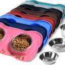 Hubulk Pet Dog Bowls 2 Stainless Steel Dog Bowl with No Spill Non-Skid Silicone Mat + Pet Food Scoop Water and Food Feeder Bowls for Feeding Small Medium Large Dogs Cats Puppies (M, Pink)