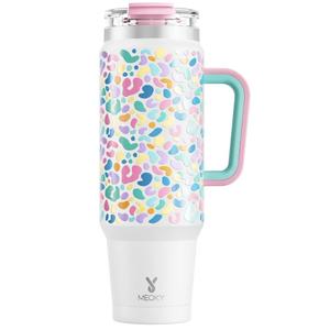 Meoky 40 oz Tumbler with Handle, Insulated Tumbler with Lid and Straw, Stainless Steel Travel Mug, Keeps Cold for 24 Hours, 100% Leak Proof, Fits in Car Cup Holder (Leopard)