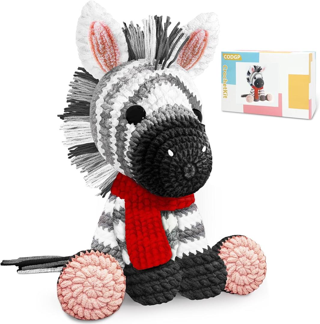 CODGP Crochet Kit for Beginners,11.8in Crochet Animal Kit Zebra,Crochet Starter Kit Gift for Adults Kids with Yarn Sets,Amigurumi Crochet Kit with Step-by-Step Video Tutorials