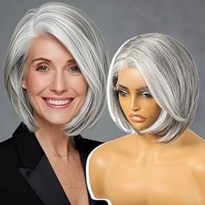 KOME Grey Synthetic Lace Front Wig, Silver Side Part Short Straight Glueless Bob Wigs for White Women Daily Use 10IN (#2/ 60HL)