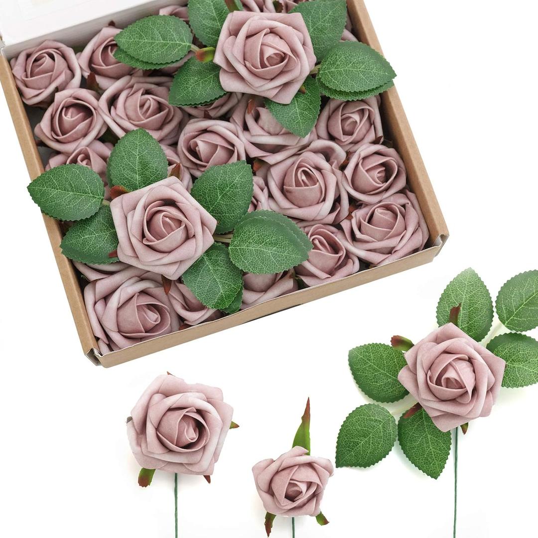 Ling's moment Artificial Flowers 1.5" and 2" Dusty Rose 25pcs Realistic Rose Buds and Petite Roses w/Stem for DIY Wedding Bouquets Centerpieces Boutonniere Corsages Flower Decorations