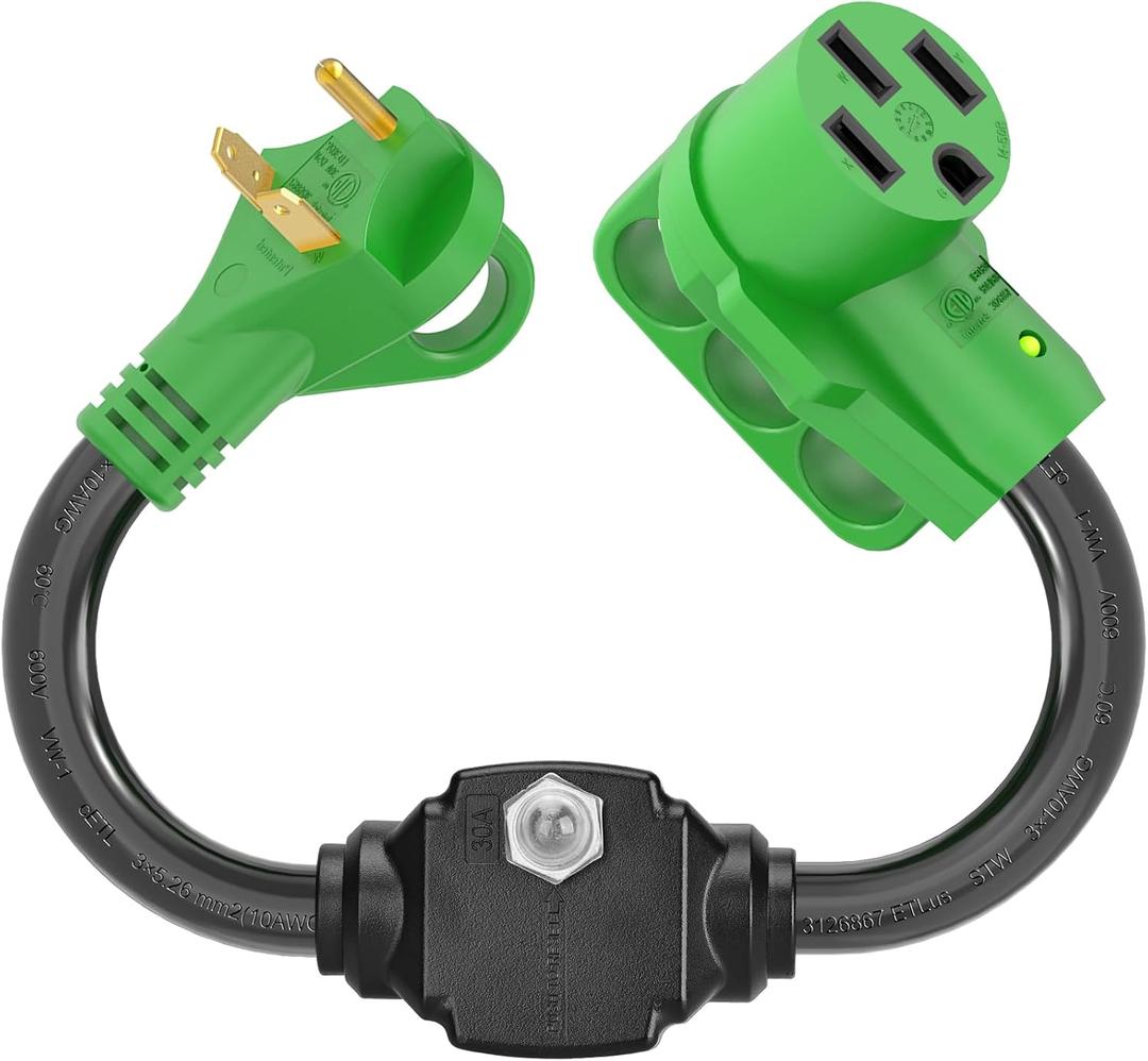 RVGUARD Overload Protector 30 Amp to 50 Amp RV Adapter Cord with Circuit Breaker, NEMA TT-30P to NEMA 14-50R Electrical Power Adapter with LED Power Indicator, 18 Inch, Green, ETL Listed