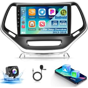 [2+64G] Car Radio for Jeep Cherokee 2013-2018 - Wireless Carplay and Android Auto - 10.1 Inch Touchscreen Android 13 Car Stereo - DSP/WiFi/GPS Navigation/SWC + AHD Backup Camera