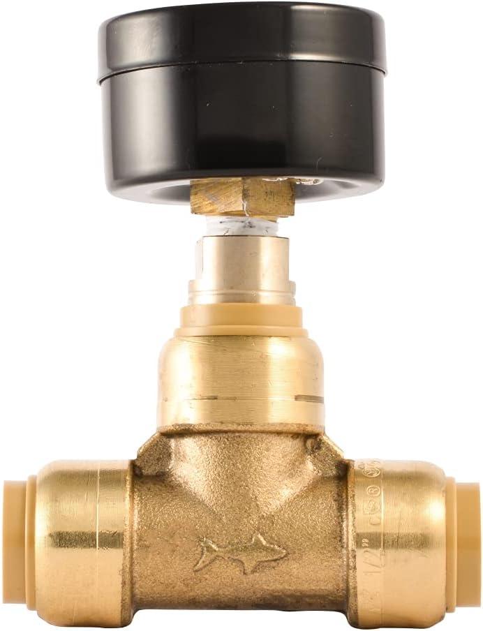 SharkBite 1/2 Inch Pressure Gauge Tee, Push-to-Connect Brass Plumbing Fitting, 24436