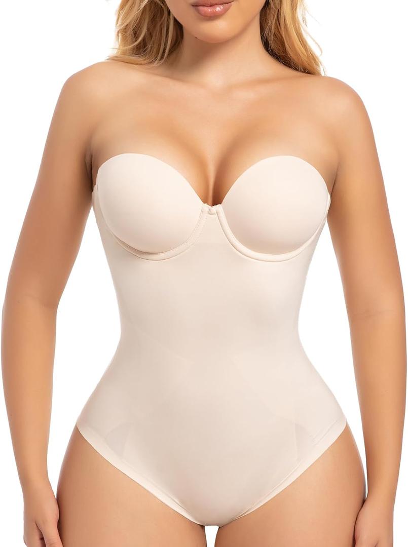 Slimers Strapless Shapewear Seamless Bodysuit - Tummy Control Sculpt Body Shaper : Removable Straps Butt Lifting Shapewear (Medium, Beige)