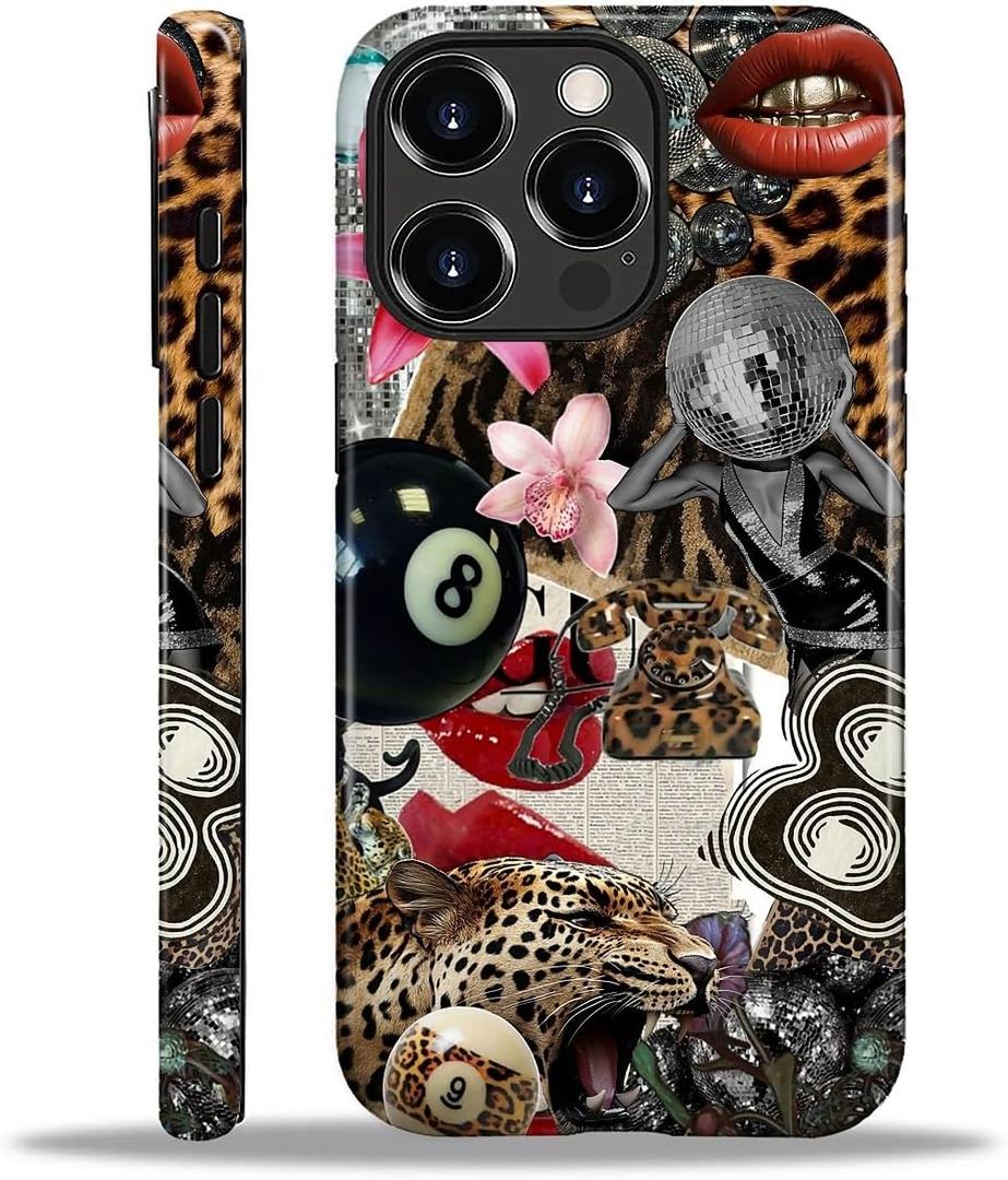 Compatible with iPhone 16 Pro Case - Dual-Layer Protection, Hard Shell with Silicone Interior,Slim Scratch Resistant Shockproof for Woman Men - Leopard Print Retro Collage