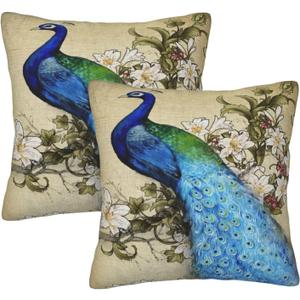 Peacock Throw Pillow Covers 16 X 16 Inch Decorative Pillowcases Square Cushion Cover for Couch Bedroom Living Room Home, Set of 2