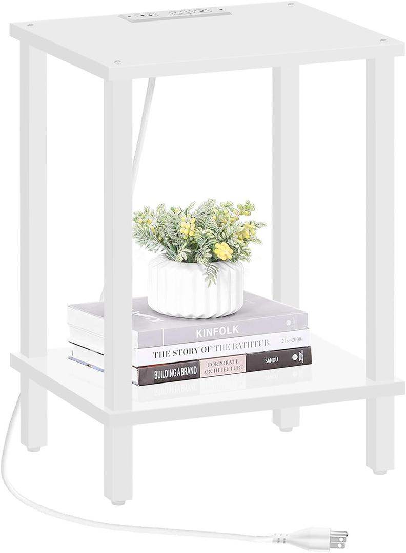 TUTOTAK End Table with Charging Station, Small Side Table with Outlets, Nightstand Bedside Table, 2-Tier Storage Shelf for Small Space, Living Room, Bedroom, White TB01BW040