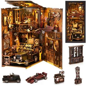Book Nook Kit, 3D DIY Wooden Puzzle Dollhouse Kit for Adults & Teens, Book Nook Bookshelf Insert Decoration Bookend Miniature Kit with Sensor Light Creative Craft Home Decor, Vintage Car