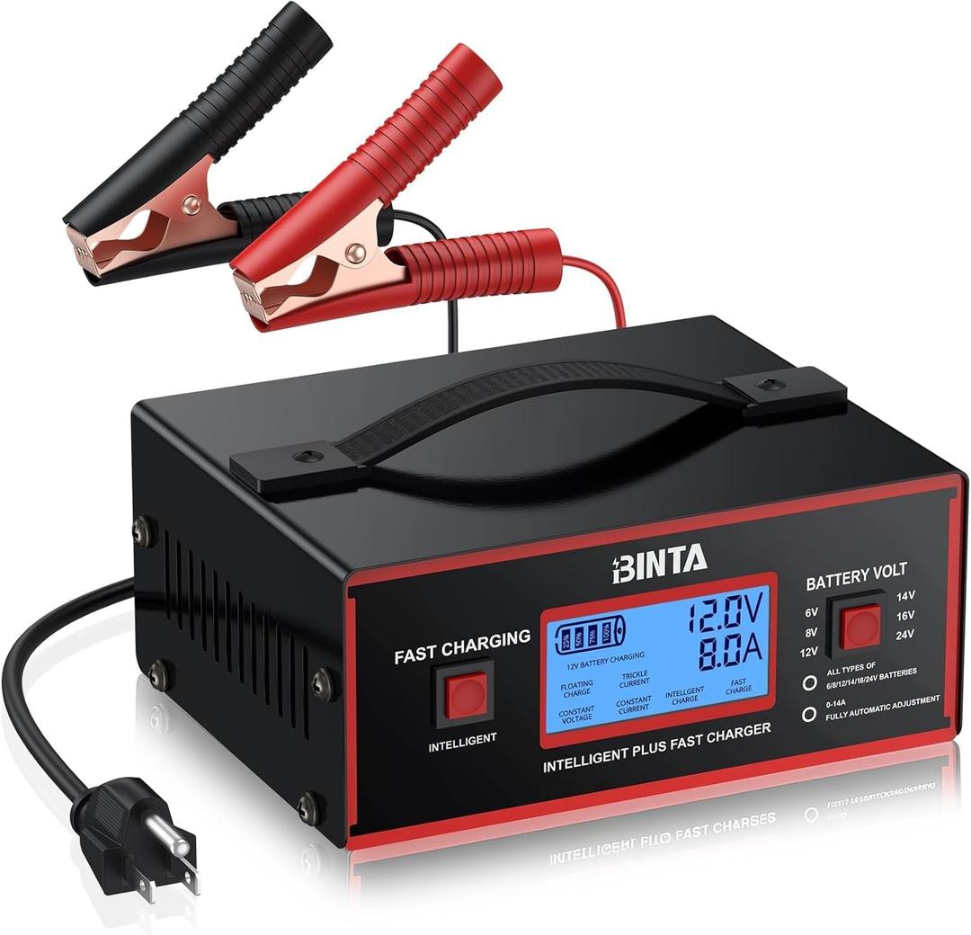 BINTA Battery Charger 6/8/12/14/16/24V Lead Acid Fully Automatic Battery Maintainer, Smart Car Trickle Charger 0-10A Automotive with Cable Clamps for Truck SUV Motorcycle Lawn Mower Marine Batteries