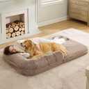 Bedsure Foldable Human Size Giant Dog Bed for Adults, 2 in 1 Calming Pet Bed with Egg Foam Supportive Mat and Waterproof Liner, Faux Fur Orthopedic Sofa, Camel