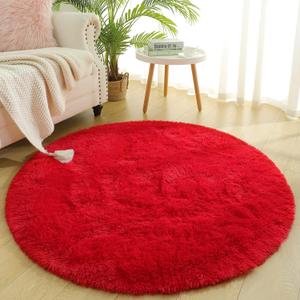 Luxury Round Fluffy Area Rugs for Bedroom Kids Girls Room Nursery, Super Soft Circle Rug, Cute Shaggy Carpet for Children Living Room, 4x4 Feet Red