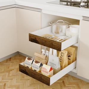 2 Pack Pull Out Cabinet Organizer 13.4" Deep Adhesive Slide Out Cabinet Drawer Peel Stick Pull Out Shelf Drawer for Kitchen Pantry Bathroom Solid Panel with Wooden Front (White 12.2" Wide)