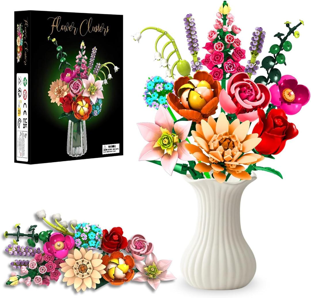 Flower Bouquet Building Kit, 762 PCS Eternal Flower Arrangement with Rose, Lily, Lavender & More, DIY Home Decor Set, for Christmas Day, Building Blocks for Adults & Kids Ages 6+