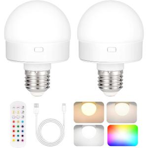 Rechargeable Battery Operated Light Bulb with Remote Control 2 Packs, 350LM Dimmable Detachable LED Bulb with 15 Colors Selectable & 3 Timer, Wireless Puck Light Bulb for Wall Sconce, Non-Hardwired