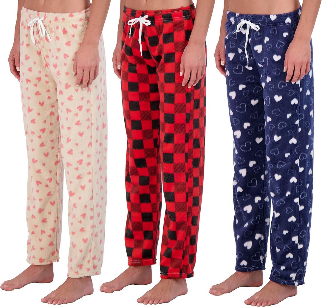 Real Essentials 3 Pack: Womens Fleece Ultra-Soft Comfy Pajama Lounge Pants Sleepwear (Available in Plus Size) (M)
