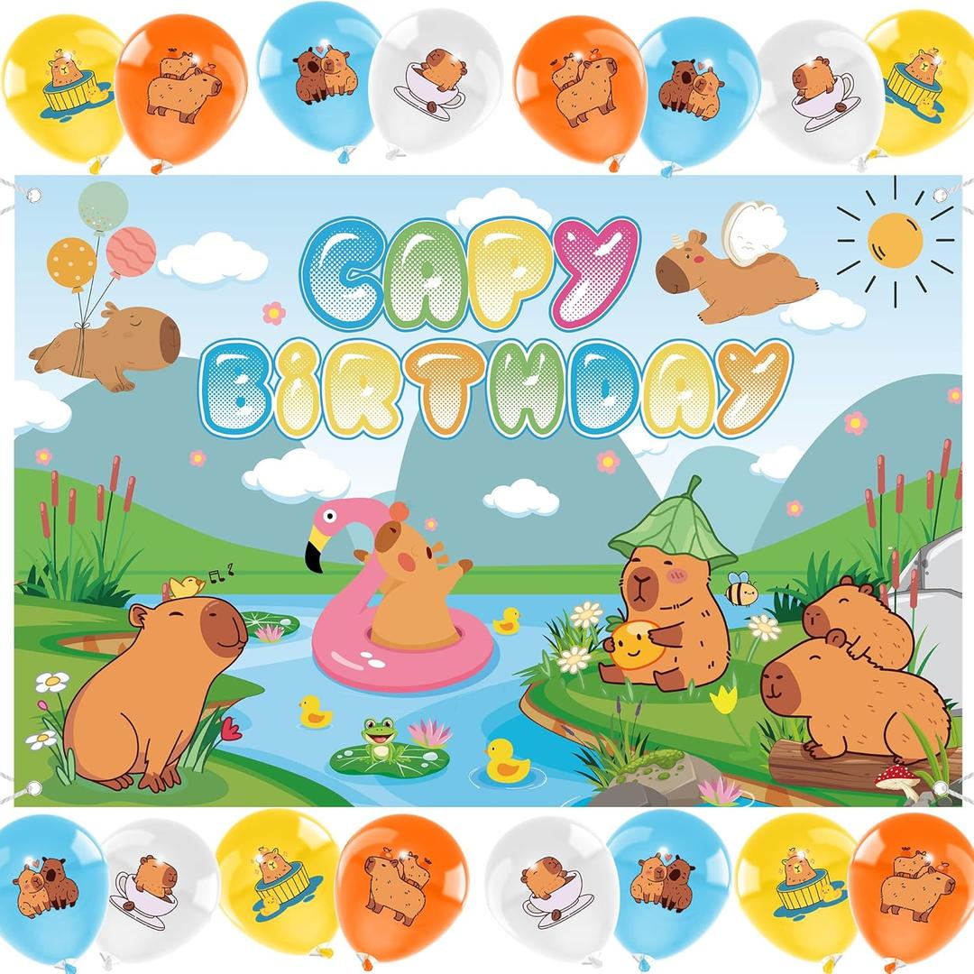 Capybara Birthday Party Backdrop Balloons - Including 1 Pcs Capy Birthday Backdrop(59x39.3 inch), 16 Pcs Colorful Balloons Decorations for Capybara Theme Animals Party Supplies Decor