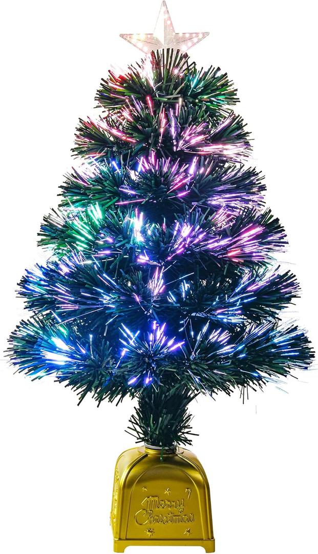 24 Inch Green Pre-Lit Fiber Optic Christmas Tree,Tabletop Artificial mini Xmas Tree with Gold Base Pot, Stars for Holiday Home Decorations