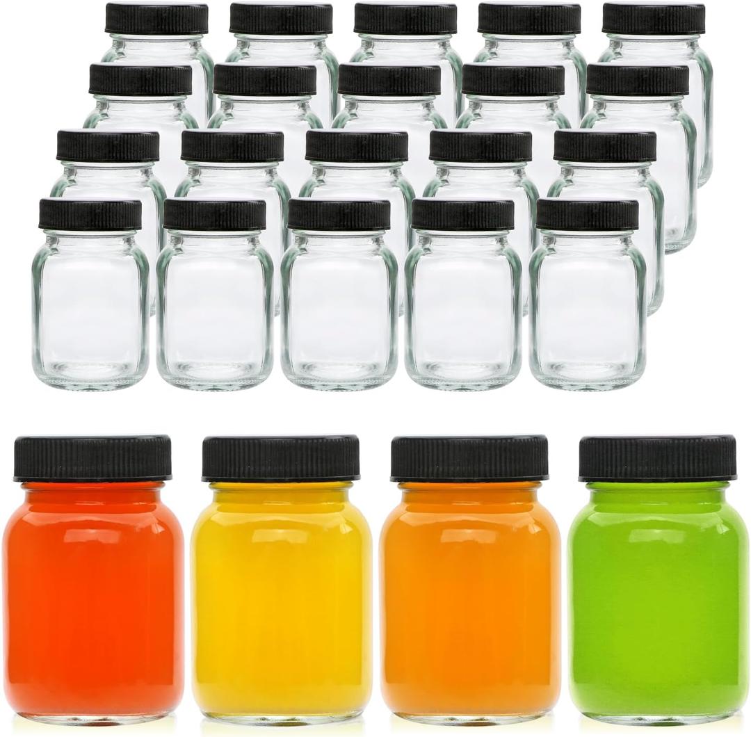QAPPDA 2oz Mason Jars Set of 48,Glass Spice Jars with Black Lids,Small Mason Juice Bottles for Ginger Shots,Honey,Jam,Party Favor