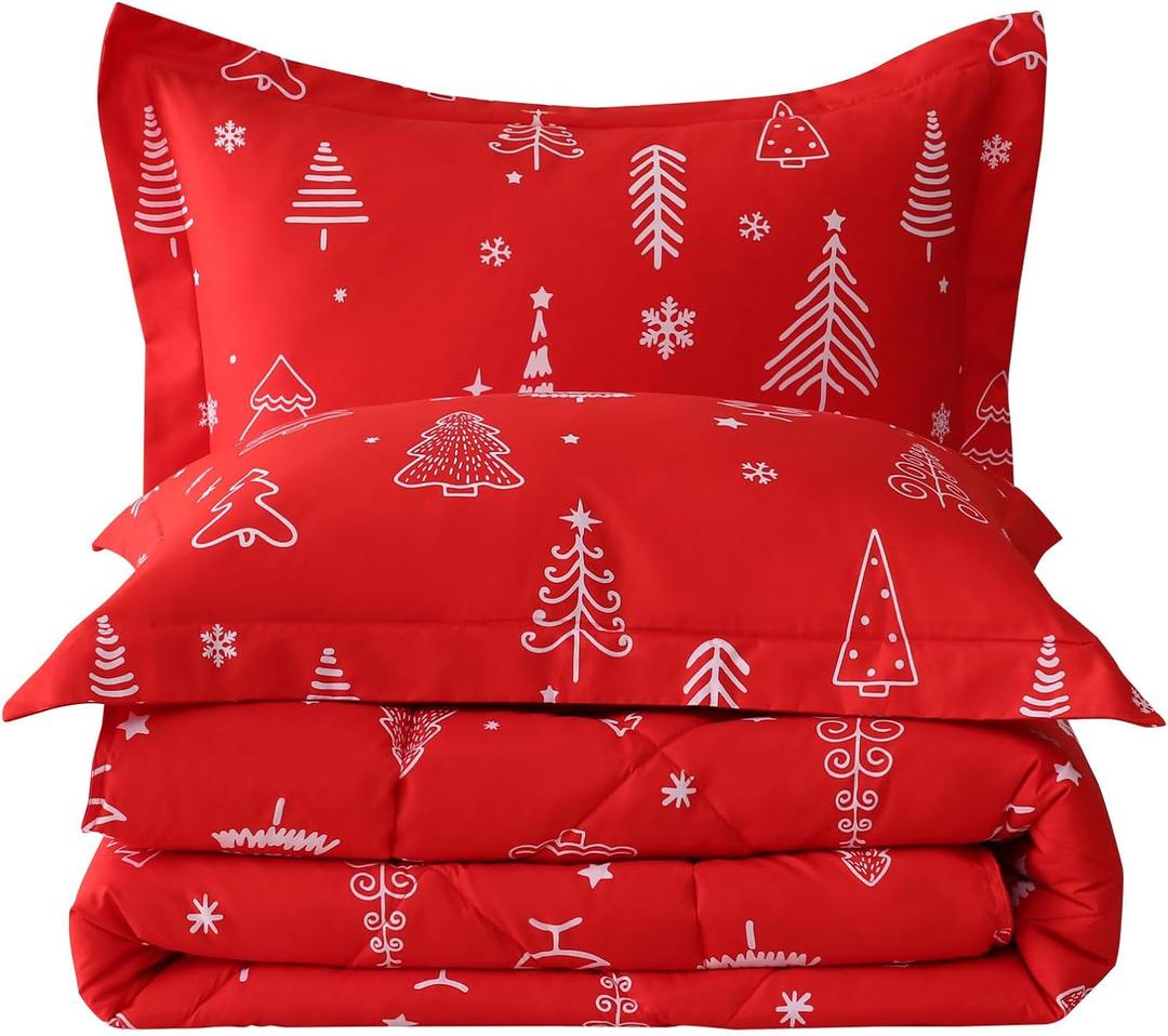 JSD Red Kids Christmas Comforter Set Twin Size, 2 Piece Xmas Tree Printed Microfiber Bedding Set, Machine Washable